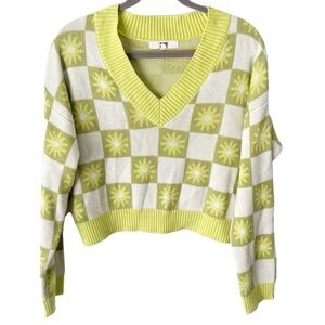 Madden NYC Sweater Women's XL Juniors Green V Neck Jacquard Hippie Festival